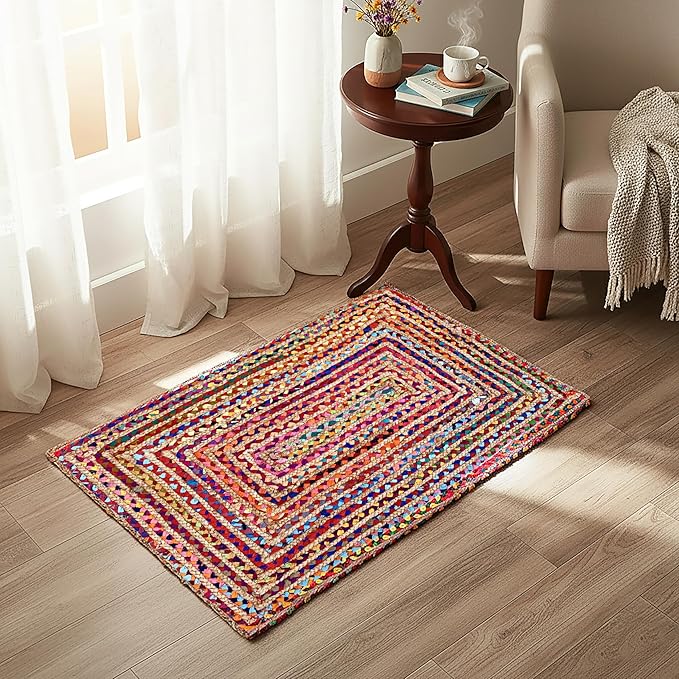 THE BEER VALLEY Jute Cotton Braided Rug 2x3 Feet - Multi | Farmhouse Handwoven Boho Indoor/Outdoor Floor Rugs for Entryway, Kitchen, Nursery - Reversible Small Door Mat for Home Décor