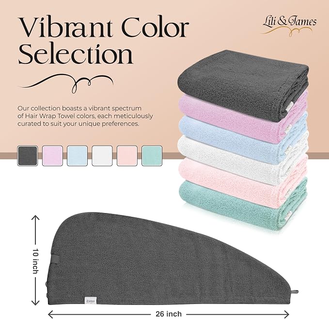 Lili&James 100% Cotton Hair Towel Wrap for Women & Kids – 420 GSM Quick Dry Hair Turban with Double Button Loop, Anti Frizz Non Microfiber Hair Drying Towel for Curly, Long & Thick Hair (White+Grey)