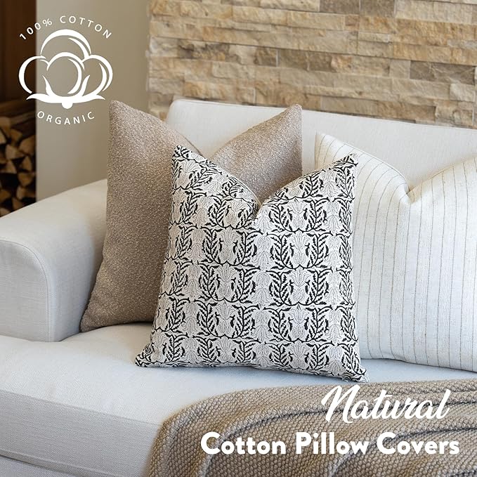 FIOUOVO Floral Throw Pillow Covers 24x24 Set of 2 Block Print Cushion Covers Farmhouse Neutral Accent Decorative Pillow Covers Home Decor for Sofa Couch Living Room Bedroom, Charcoal Black