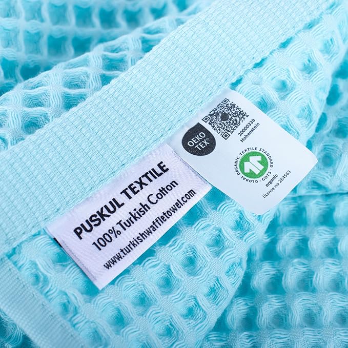 PÜSKÜL Pack of 2 Waffle Bath & Spa Towels - Premium 100% Turkish Organic Cotton - Quick Dry Thin Bath Towel for Bathroom - Made in Turkey (Turquoise, 32x63 inch)