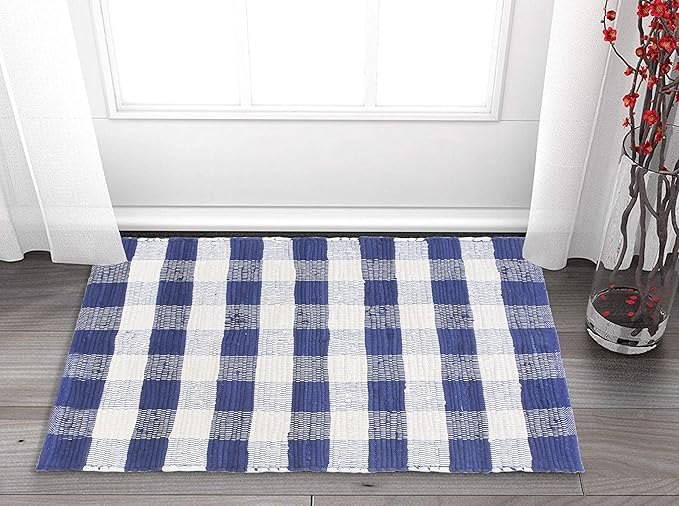 GLAMBURG Cotton Buffalo Check Plaid Washable, Handwoven Checkered Welcome Door Mat 18x30 for Kitchen Bathroom Outdoor Porch Laundry Living Room, Farmhouse Reversible Rag Rug Blue White