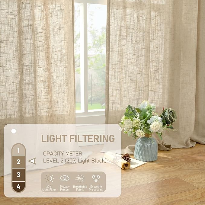LAMIT Linen Curtains 63 Inch for Bedroom, Light Filtering Neutral Semi Sheer Window Curtains Back Tab and Rod Pocket Panels, 2 Panels, Brown, 60 x 63 Inch