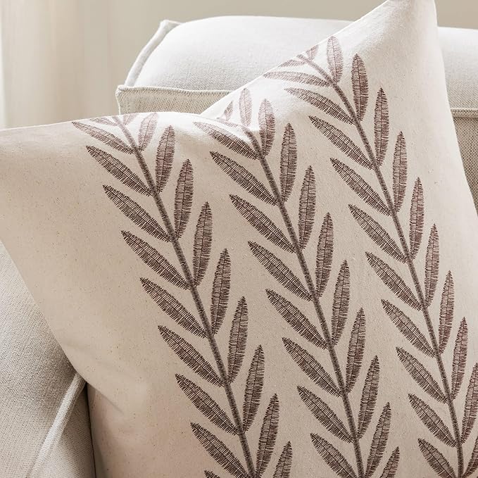 100% Cotton Farmhouse Leaves Lumbar Throw Pillow Covers Set of 2, 12x20 Inch Chocolate Pastoral Decorative Print Cushion Covers for Sofa Bed Living Room Home Decor