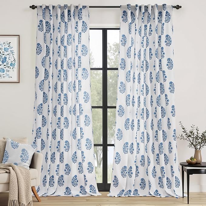 NICETOWN Blue Floral Linen Curtains 84 inches Long Pattern Printed for Girls Bedroom Nursery, Boho Farmhouse Window Sheer Curtain Drapes Aesthetic Light Filtering Privacy 2 Panel Sets, 55" W