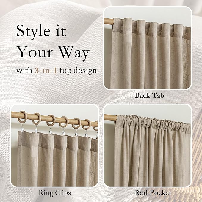 MYSKY HOME Taupe Curtains for Beroom Liivng Room 84 Inch Length 2 Panels Set, Semi Sheer Soft Touch Light Filtering Drapes for Sliding Glass Door Farmhouse Boho Curtain, 50" Wide, Taupe, 2 PCs