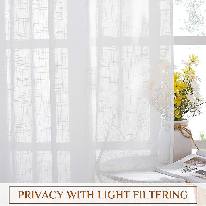 NICETOWN White Faux Linen Sliding Door Curtains 90 inches Long, Rod Pocket & Back Tab Semi Sheer Window Treatments Privacy with Light Filter for Farmhouse/French Door, W66 x L90, 2 Panels