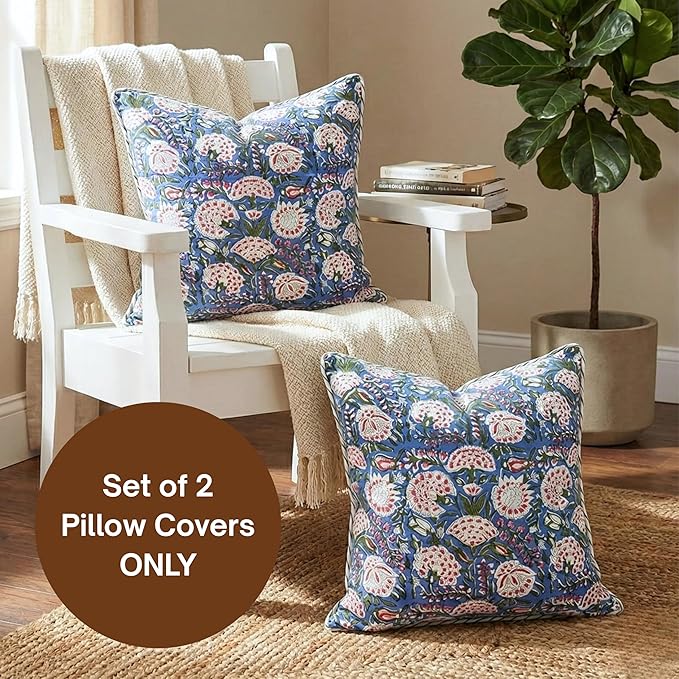 ATOSII Block Print Throw Pillow Covers, 20 X 20 - Set of 2, Decorative Couch Pillows for Living Room Bed Sofa, 100% Cotton Canvas Pillowcase for Home Decor & Outdoors, Preppy Throws - Clover Pink