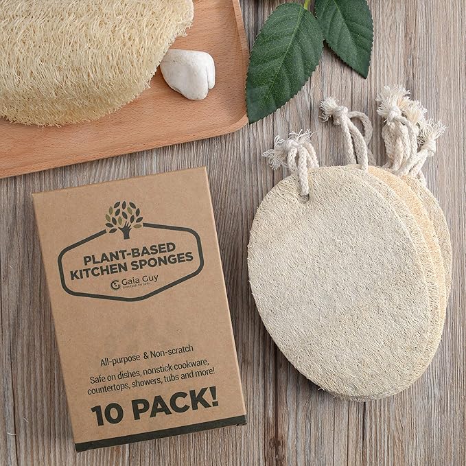 Natural Loofah Dish Sponge - 10 Pack (6 + 4 Bonus) - 100% Plant-Based, Plastic-Free Kitchen Scrubber Pads | Compostable & Zero Waste Alternative to Traditional Sponges
