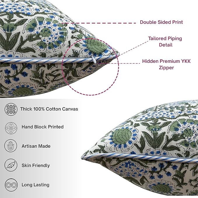 ATOSII Block Print Throw Pillow Covers, 20 X 20 - Set of 2, Decorative Couch Pillows for Living Room Bed Sofa, 100% Cotton Canvas Pillow Case for Home Decor & Outdoors, Preppy Throws - Clover Blue