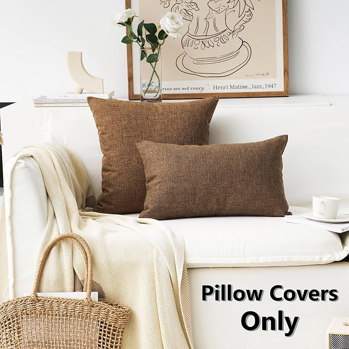 Home Brilliant Brown Throw Pillows for Couch Set of 2 Lined Linen Throw Pillow Covers for Bench Sofa, 22x22 inches, 55 cm
