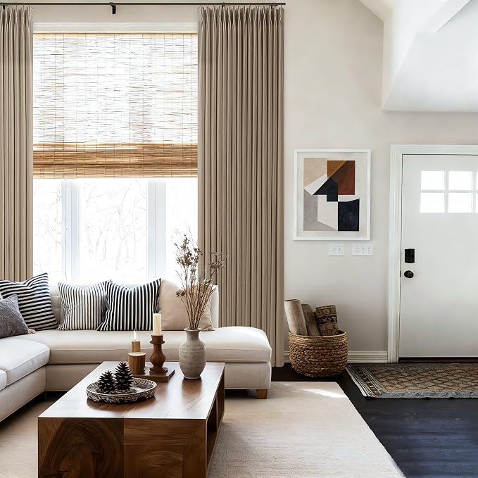 Latte Pinch Pleated Linen Curtains 108 Inch Long Light Taupe Brown Memory Trained Boho Rustic Semi Sheer Burlap Drapes for Track System 9 ft Linen Textured Curtain 2 Panels for Living Dining Room