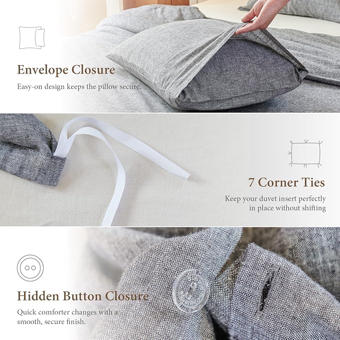 Simple&Opulence Linen Duvet Cover Set Queen Size - French Linen Cotton Woven Blend in Dark Grey, 3 Pieces (1 Comforter Cover 88x92” + 2 Pillowcases), Soft & Breathable All-Season Farmhouse Bedding