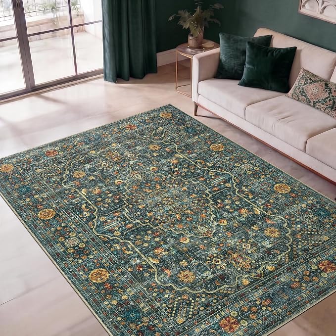 Keen Home Design 5x7 Rug - Machine Washable Area Rug with Non-Slip Backing, Ideal for Living Room, Dining Room, Bedroom - Vintage, Easy Clean, Durable, Low Pile Rug - (5' x 7')
