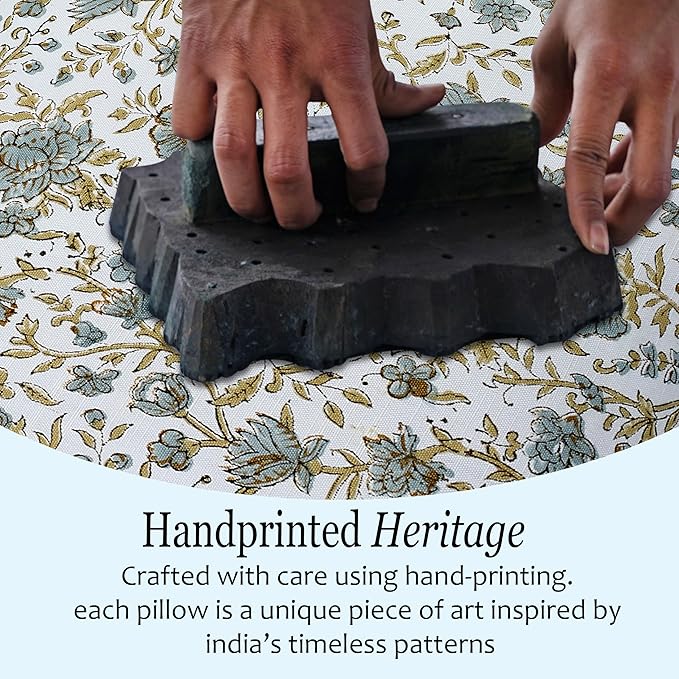 CPC Vintage Garden Blue Block Print Throw Cushion Cover 24 x 24 Inch Set 2 - Decorative Boho Floral Pillow Case for Living Room, Bed, Sofa, Couch, Home Decor Gift for Spring, Mother's Day