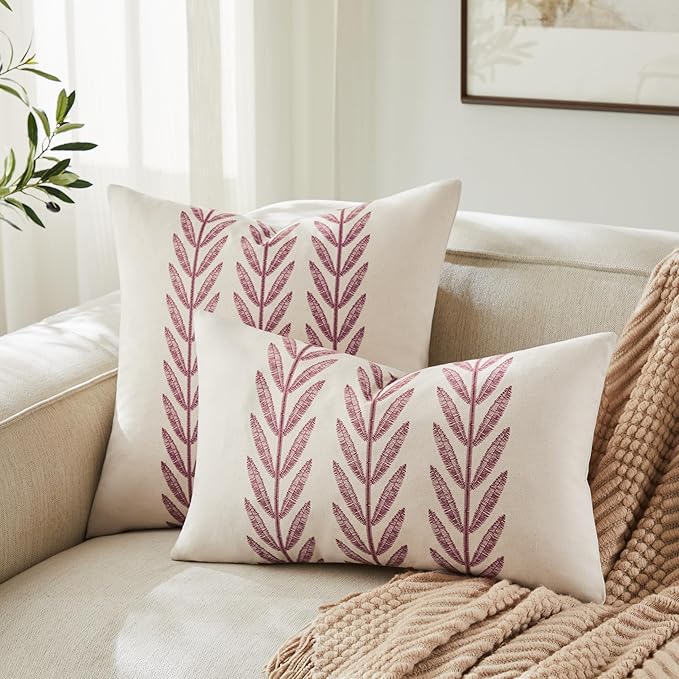 100% Cotton Farmhouse Leaves Throw Pillow Covers Set of 2, 20x20 Inch Burgundy Pastoral Decorative Print Cushion Covers for Sofa Bed Living Room Home Decor