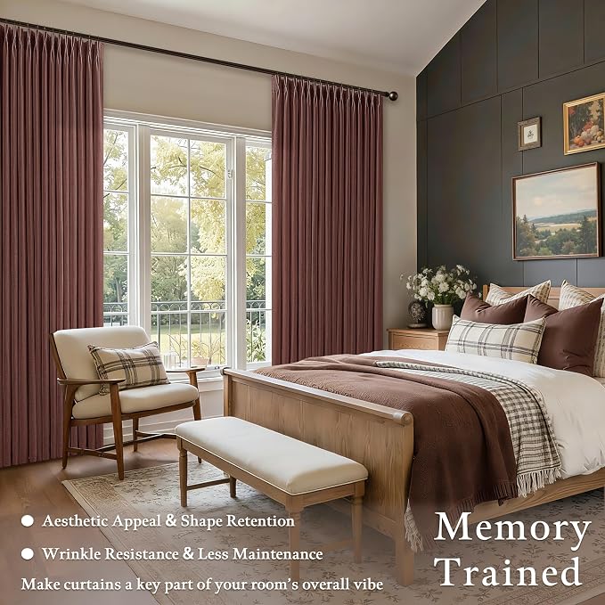 Reddish Brown Pinch Pleat Thick Linen Curtains 102 Inches Length 2 Panels Set Back Tab Light Filtering Linen Textured Pleated Drapes with Hook Rings Semi Sheer Sliding Glass Door Curtain 102 Inch
