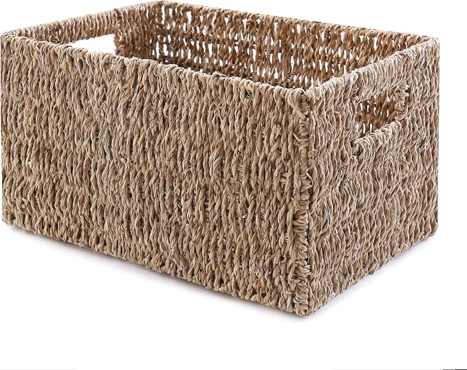 Handwoven Seagrass Storage Basket with Handles, Natural Woven Shelf Organizer Bin for Toys, Books, Closet and Home Storage (Large)