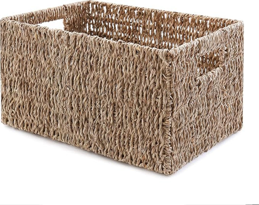 Handwoven Seagrass Storage Basket with Handles, Natural Woven Shelf Organizer Bin for Toys, Books, Closet and Home Storage (Large)