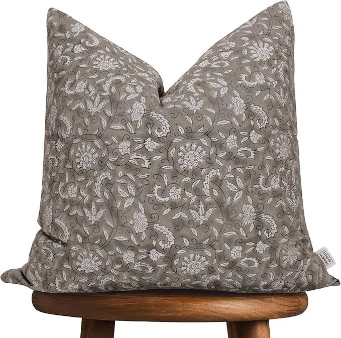 Hand-Block Printed, Artisan-Made Neutral Accent Throw Pillow Covers- 100% Cotton Cushion for Sofa, Bed, Chair, Home Decor, Boho, Indoor - Lina (Greige_2, 20" x 20")