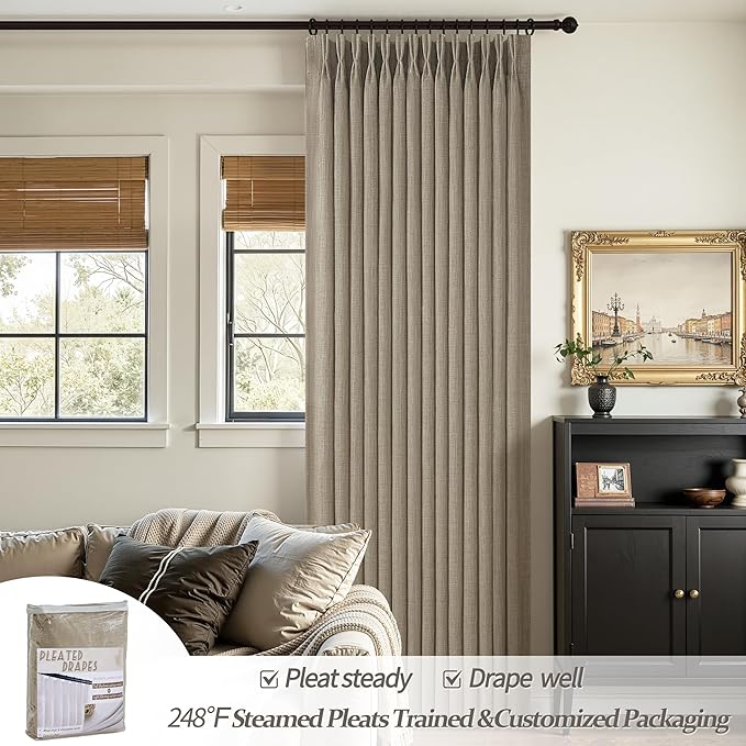 Memory Trained Pinch Pleated Tall Nursery Curtains 102 Inches Long, Blackout Oak Taupe Linen Blend Sound Dampening Thermal Windows Curtain Oatmeal Farmhouse Dining Room Drapes 40"W x 102"L x 2 Panels