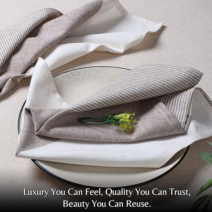 Ramanta Home Cloth Napkins Set of 12 18x18 Inches - Spring Basket Decor Block Striped Dinner Napkins for Easter Farmhouse Wedding, Washable Soft Cotton Durable Table Linen -Everyday Use - Nut Brown
