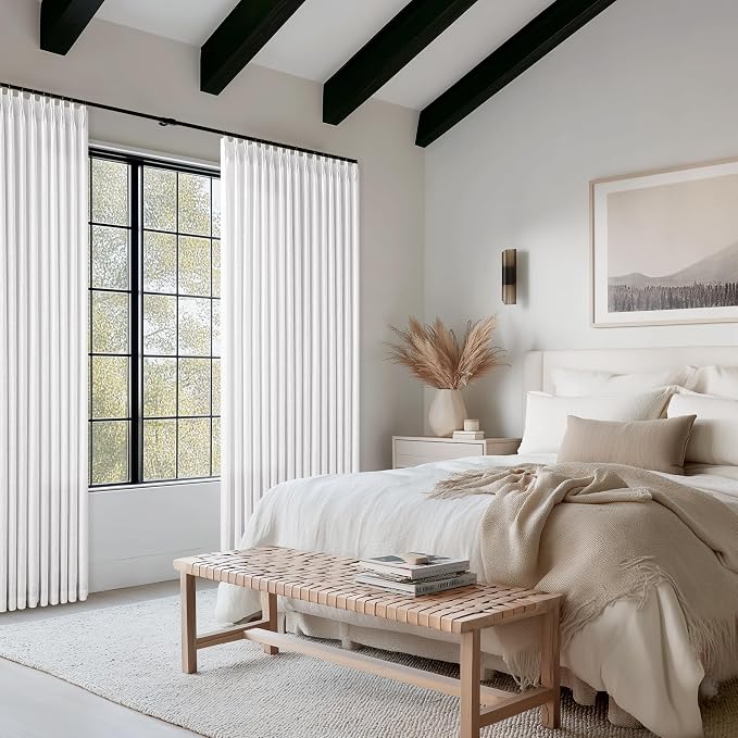 Memory Trained Curtains 100 Inches Long for Living Room 2 Panels Set Rustic Farmhouse Thick Linen Textured Rings Hooks Back Tab Pinch Pleated 100 Inch Curtain Drapes for Dining Bedroom Snow White