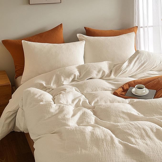 SE SOFTEXLY Muslin Duvet Cover Queen Size, 100% Washed Cotton Duvet Cover Set, Ultra Soft Comforter Cover Linen Like, 3 Pieces Minimalist Gauze Duvet Cover with 2 Pillowcases, 80"x90", Off-White