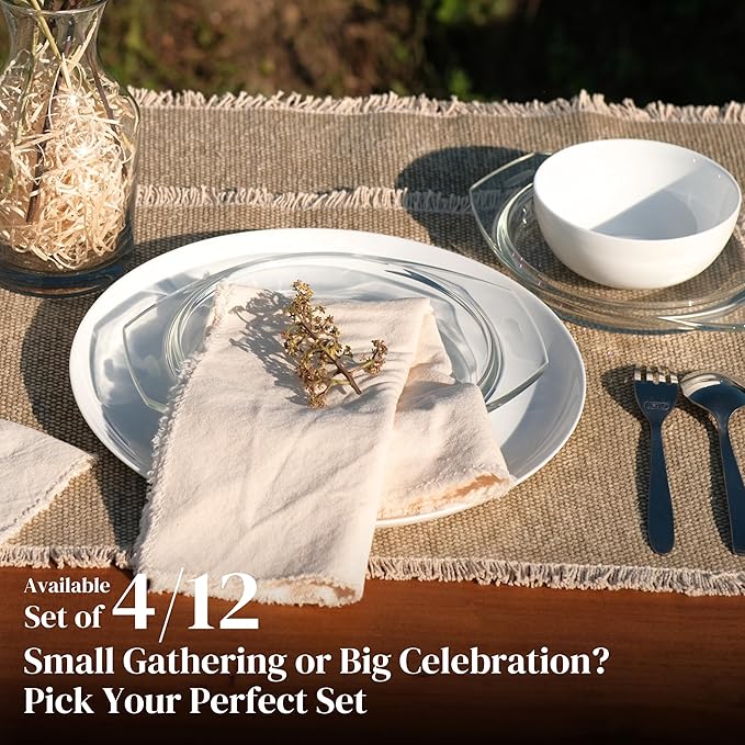 Ramanta Home Cloth Napkins Set of 12 Light Flax 18x18 Inch - Spring Soft & Durable Frayed Dinner Napkin for Easter Wedding, Birthday | Heavy Weight Fabric Table Linen for Everyday Use Family Dinners