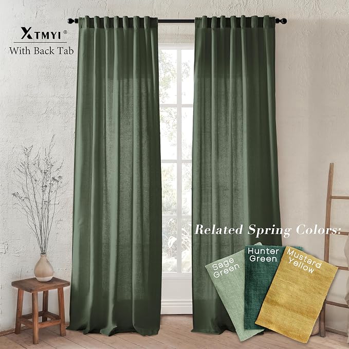 XTMYI 72 Inch Curtains Pleat,Boho Semi Sheer Curtains 72 Inches Long,Window Sheers French Door Curtain Drapes 72 in Length 2 Panel Set for Bathroom Shower Bedroom Living Room,6 FT,Olive Green