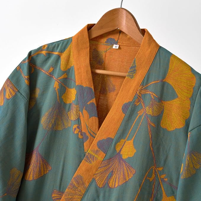 100% Cotton Gauze Ginkgo Leaf Kimono Robe, Long Knit Loose Bathrobe Nightgown Ladies Loungewear Sleepwear for Women