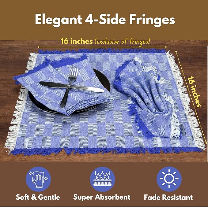 Native Fab Herringbone Cloth Napkins 16x16 inches, 100% Cotton Dinner Napkins with Fringes, Set of 12, Decorative Frayed Edges, Washable Table Linen Napkins, Soft Breathable Absorbent, Ink Blue