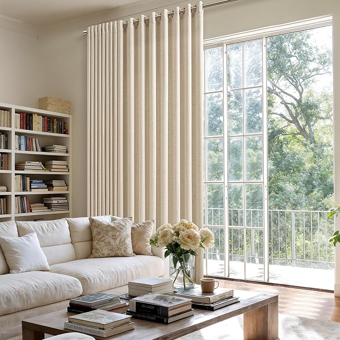 90 Inch Length 2 Panels Warm Beige Oatmeal Linen Curtains Filtering Semi Sheer Grommet Drapes Thick Linen Privacy Boho Farmhouse Window Curtain for for Bedroom Sliding Door 52x90