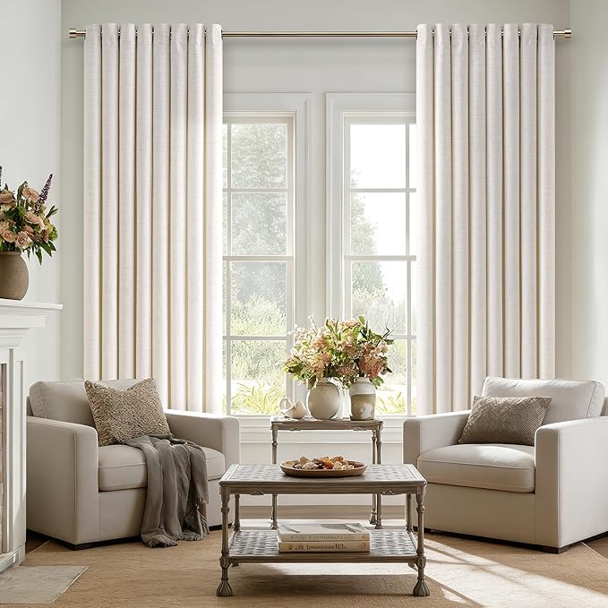 Natural Linen Curtains 72 Inch Length 2 Panels Set Ivory Cream Colored Light Filtering Semi Sheer Drapes Thick Linen Boho Farmhouse Neutral Country Window Curtain for Dining Room 52x72
