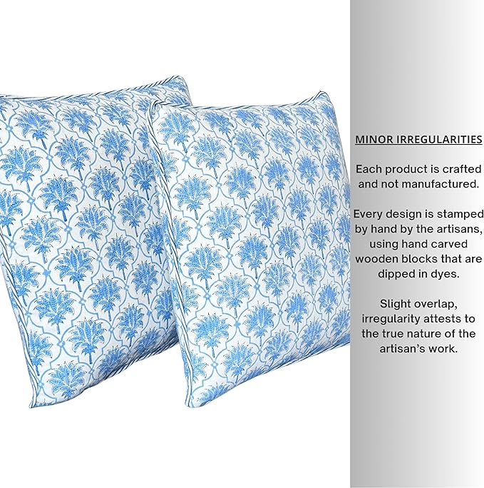 ATOSII Block Print Throw Pillow Covers, 20 X 20 - Set of 2, Decorative Couch Pillows for Living Room Bed Sofa, 100% Cotton Canvas Pillow Case for Home Decor & Outdoors, Preppy Throws - Padma Blue