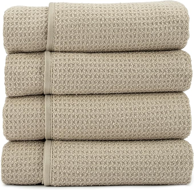 S&T INC. Bath Towels, Premium Waffle Towels for Bathroom, Extra Large, Absorbent Microfiber for Home, Yoga, and Gym, Honeycomb Weave, 30 Inches x 60 Inches, 420gsm, 4 Pack, Beige
