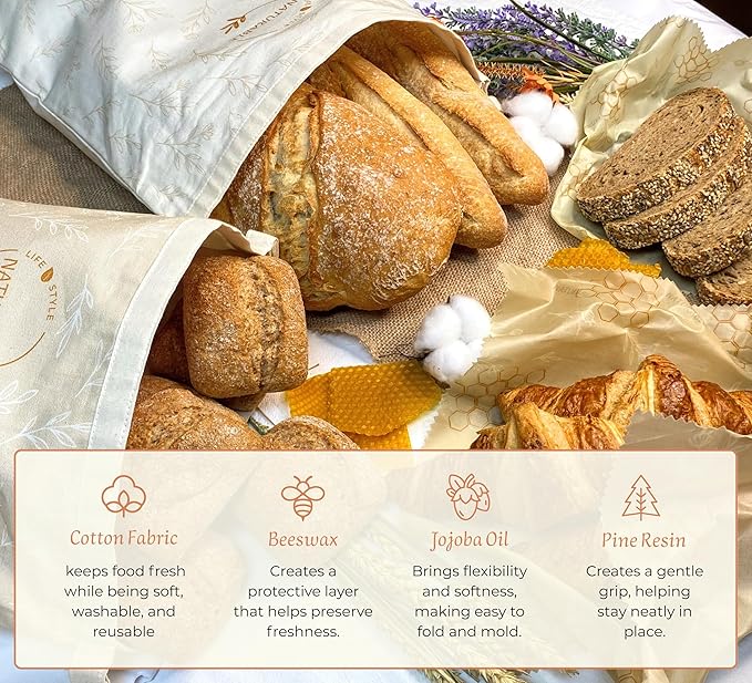 Beeswax Bread Bag for Homemade Bread & Beeswax Wrap Set, 2 XL Sourdough Bread Bags + 2 Beeswax Wraps for Food | Keep Bread Fresh, Breathable, Reusable & Less Waste Storage for Home Bakers (Beige) | Sourdough Bread Bags