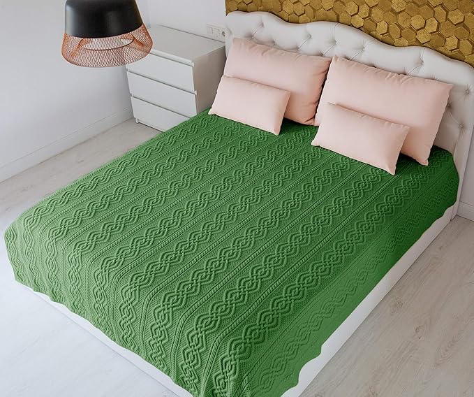 SAOL King Size Bed Irish Aran Throw Blanket 100% Super Soft Merino Wool 92x78 Inches(Green)