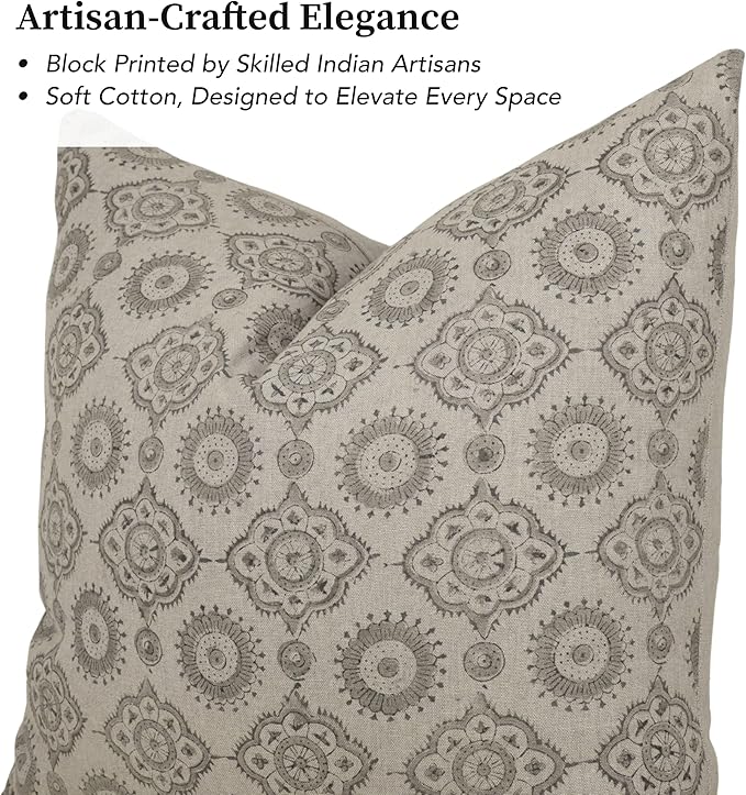 Handmade Block Print 100% Thick Cotton 20 x 20 inch Throw Pillow Cushion Cover with Zipper - Pillowcase for Bedroom, livingroom, Couch, Sofa, Outdoor, Chair, Bed, Home Décor-Uma (Grey)