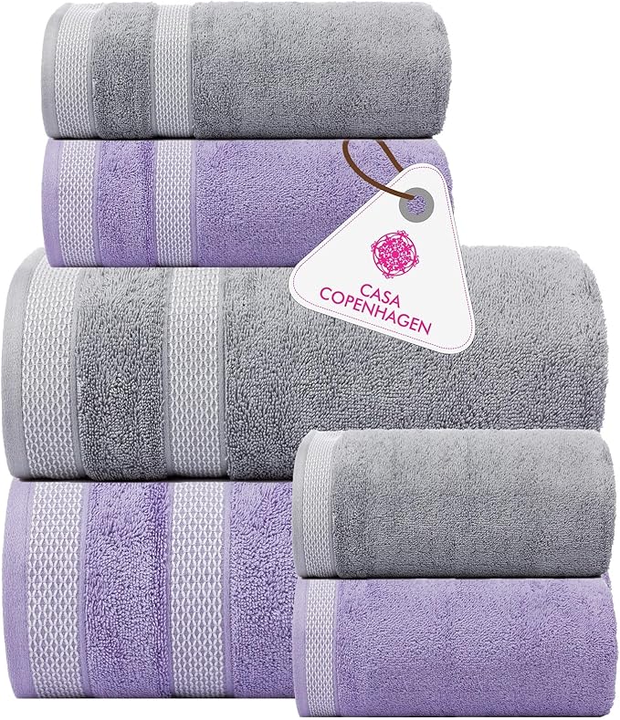 CASA COPENHAGEN Solitaire 6Pcs 100% Egyptian Cotton Large Designer Towels Gift Set- Grey - Purple, 2Bath 2Hand 2Washcloths, Bath Towels for Bathroom (Box Pack, Gift Set for Women & Men)