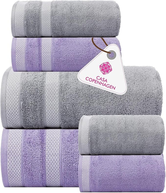 CASA COPENHAGEN Solitaire 6Pcs 100% Egyptian Cotton Large Designer Towels Gift Set- Grey - Purple, 2Bath 2Hand 2Washcloths, Bath Towels for Bathroom (Box Pack, Gift Set for Women & Men)