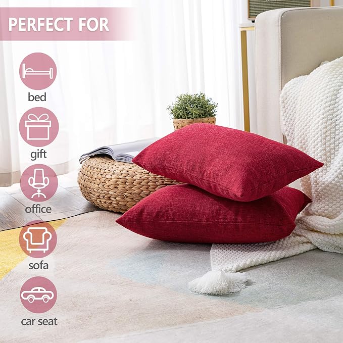 Stellhome Christmas Decorative Rectangle Linen Throw Pillow Covers Solid Farmhouse Burlap Pillowcase for Home Decoration, Set of 2, 12 x 20 inch (30 x 50 cm), Red