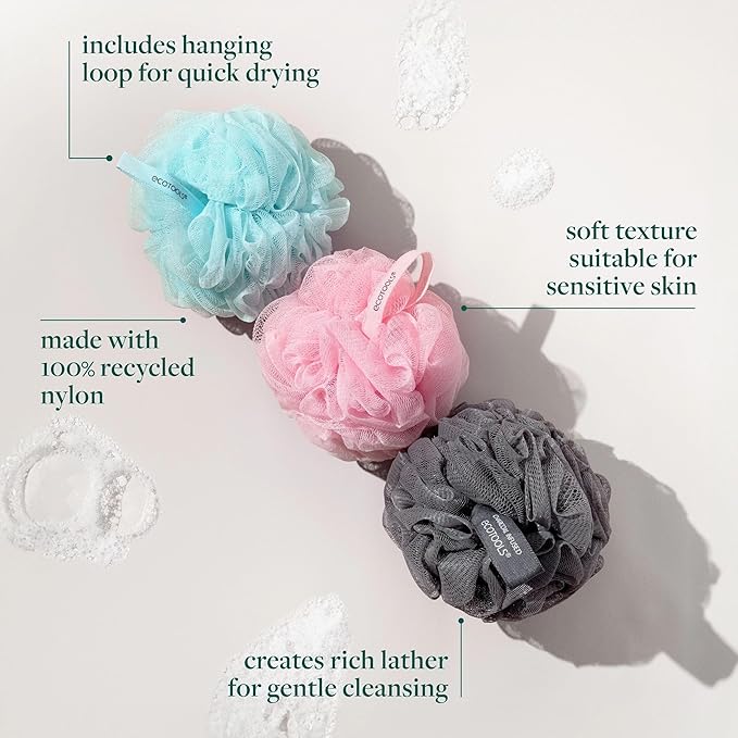 EcoTools Delicate EcoPouf Body Loofah, Gentle Exfoliating Shower Sponge for Sensitive Skin, 100% Recycled Netting Bath Pouf, 1 Count