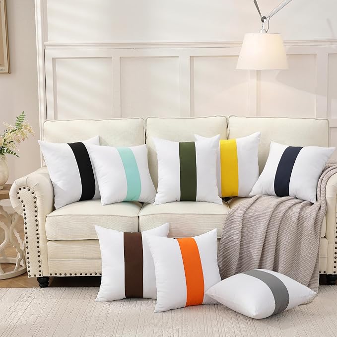 TAOSON Set of 2, 100% Cotton Canvas Patchwork Throw Pillow Covers 20x20 Inch Modern Olive Green Striped Pillow Cushion Covers Farmhouse Decor Pillow Cases for Couch Living Room Bed Sofa Decor