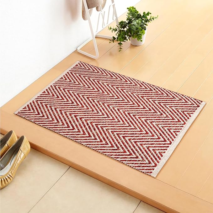Cotton Chevron Hand Woven Area Rug 2x3 Feet - Red, Accent Soft Decorative Reversible Floor Throw Carpet Ideal for Entryway, Kitchen, Nursery | Small Durable Farmhouse Washable Home Space Décor Mat