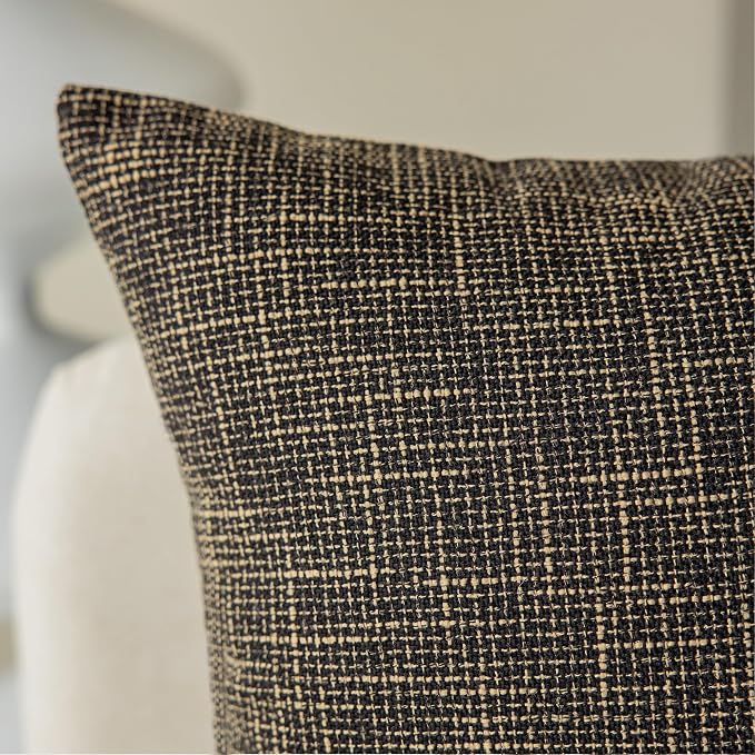 Kevin Textile Textural Faux Linen Throw Cushion Pillow Covers Shams for Couch, Invisible Zipper, 55x55CM(Set of 2,Black Gold)