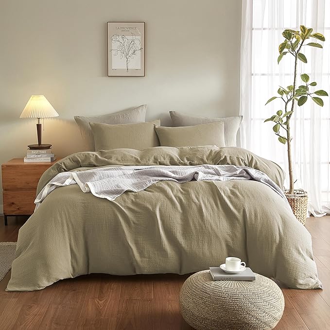Muslin Duvet Cover Oversized King Size, 100% Washed Cotton Duvet Cover Set, Ultra Soft Comforter Cover Linen Like, 3 Pieces Minimalist Gauze Duvet Cover with 2 Pillowcases, 98"x120", Oatmeal