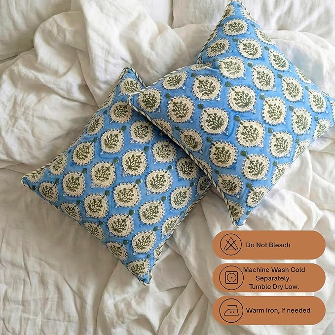 ATOSII Block Print Throw Pillow Covers, 20" X 20" - Set of 2, Decorative Couch Pillows for Living Room Bed Sofa, 100% Cotton Canvas Pillow Case for Home Decor & Outdoors, Preppy Throws - Kari Blue