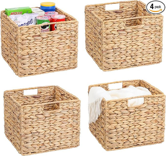12x12x10 Water Hyacinth Storage Basket Large, Folding Cube Woven Wicker Storage Basket for Shelves, Pantry Baskets Organization and Storage, Large Rattan Basket Set of 4