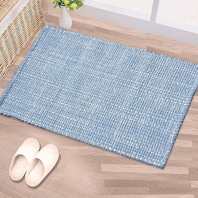Chardin home Blue & White Cotton Throw Rug, 21x34 Inches Area Rug for Bathroom Kitchen entryway, Reversible Handwoven Rug Machine Washable.
