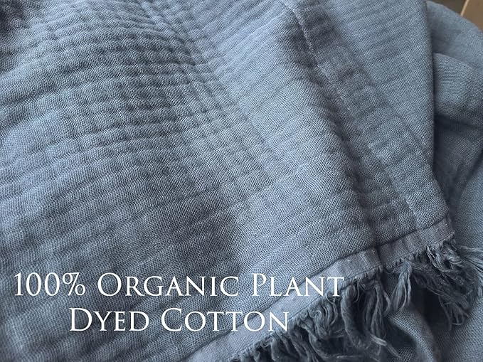 KyraHome 100% Organic Cotton Muslin Blankets, 90"x90" Queen, Pre-Washed, Breathable Lightweight Gauze Cotton Blanket for Couch, Adults, All Season (Slate Blue)